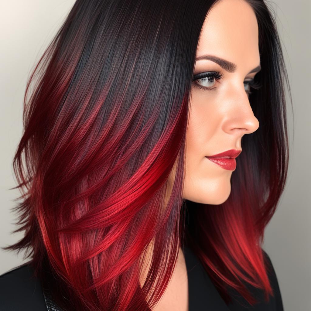 Ombre hair dip-dyed with red highlights