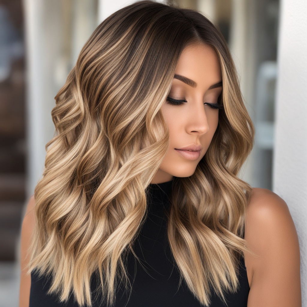 Blonde balayage with caramel lowlights
