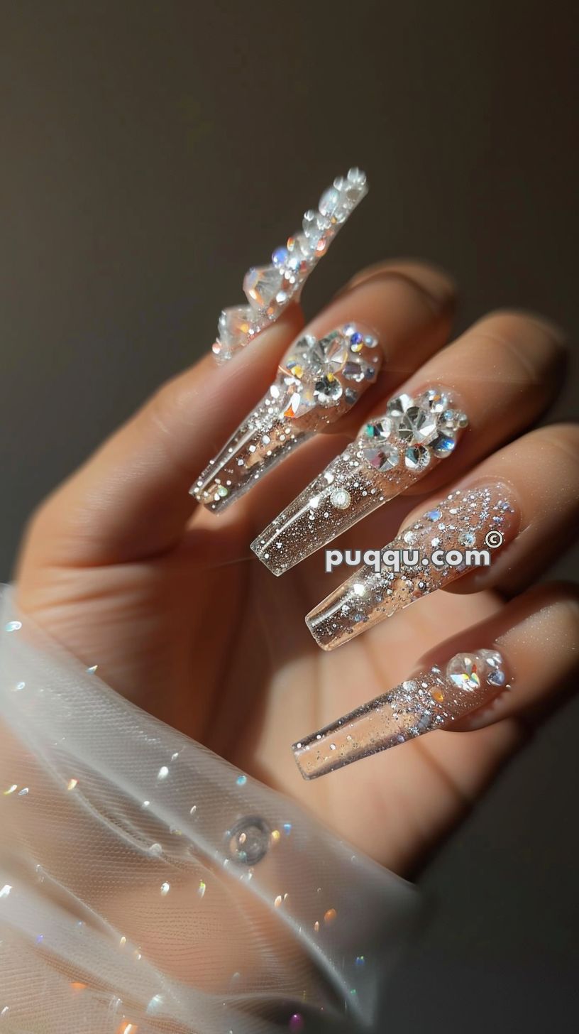 Hand with long, square-shaped nails decorated with intricate silver glitter and large rhinestone designs.