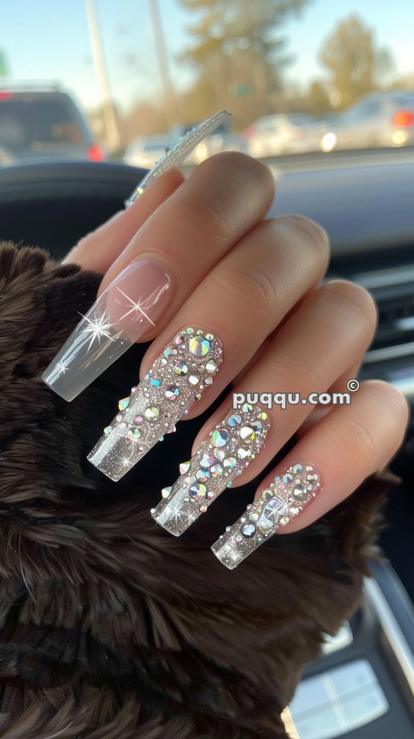 A hand with long, rectangular-shaped nails decorated with clear polish and intricate silver and rhinestone designs, holding a furry black fabric.