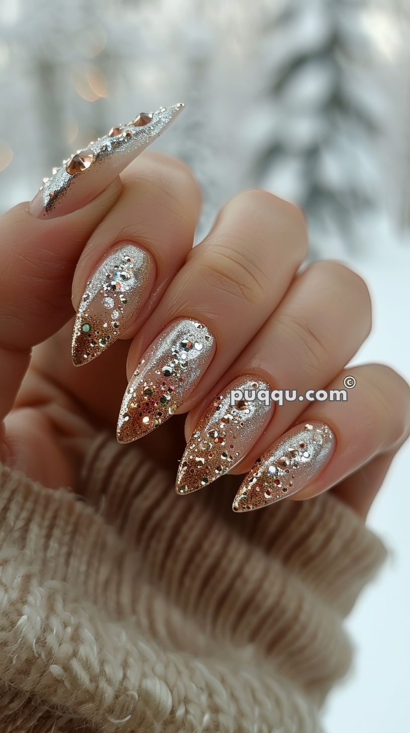 Close-up of a hand with long, pointed nails featuring a silver glitter gradient design with 3D rhinestone accents. The hand is wearing a textured, beige knit sweater.