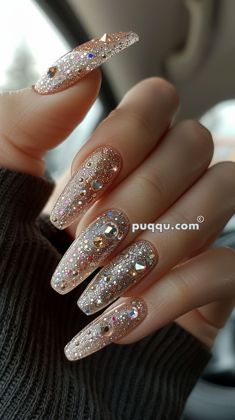 Gold glitter acrylic nails with colorful rhinestone accents.