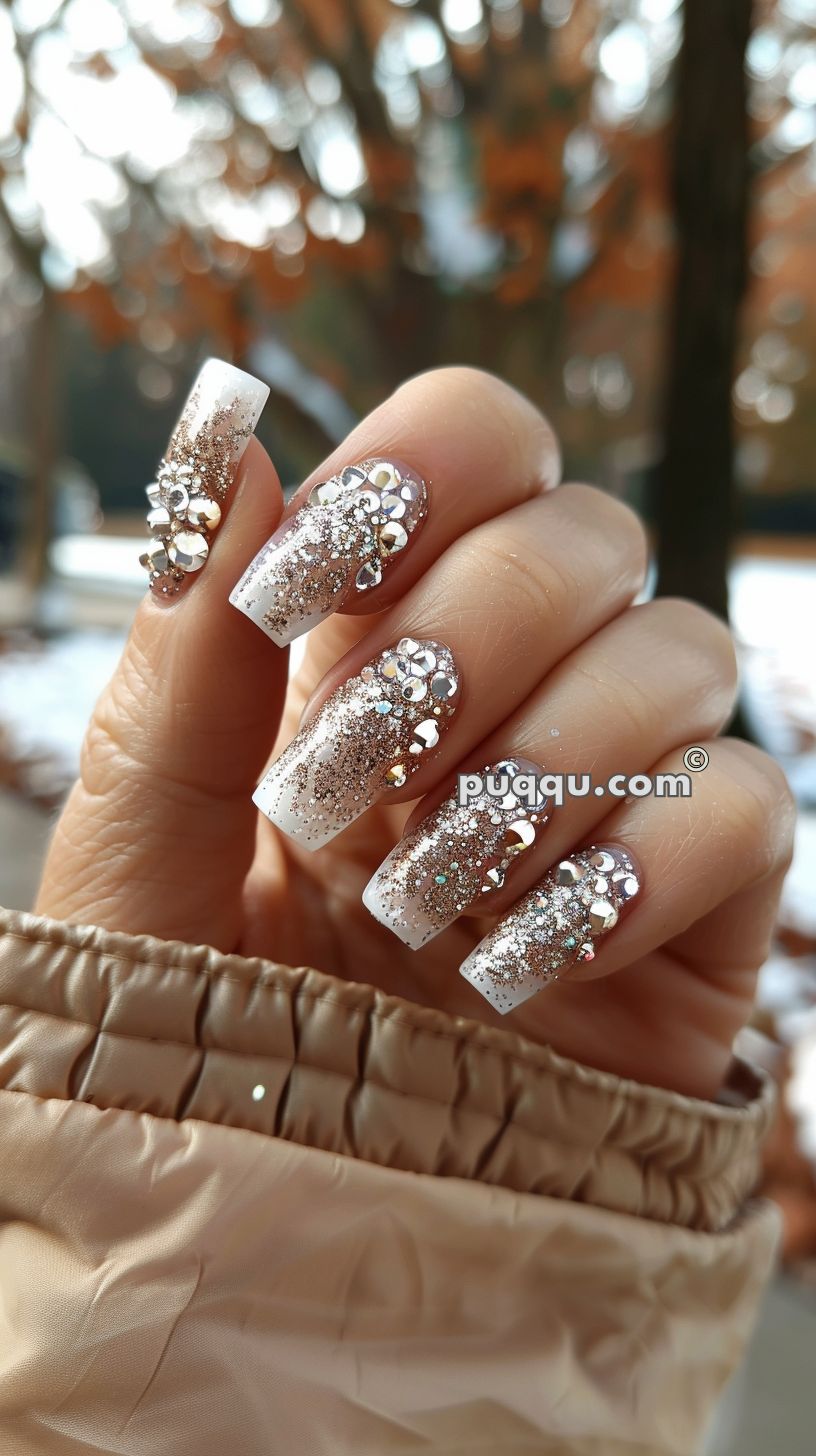 Hand with long, square-shaped nails featuring a sparkly silver and white gradient design, adorned with rhinestones, wearing a light beige jacket.