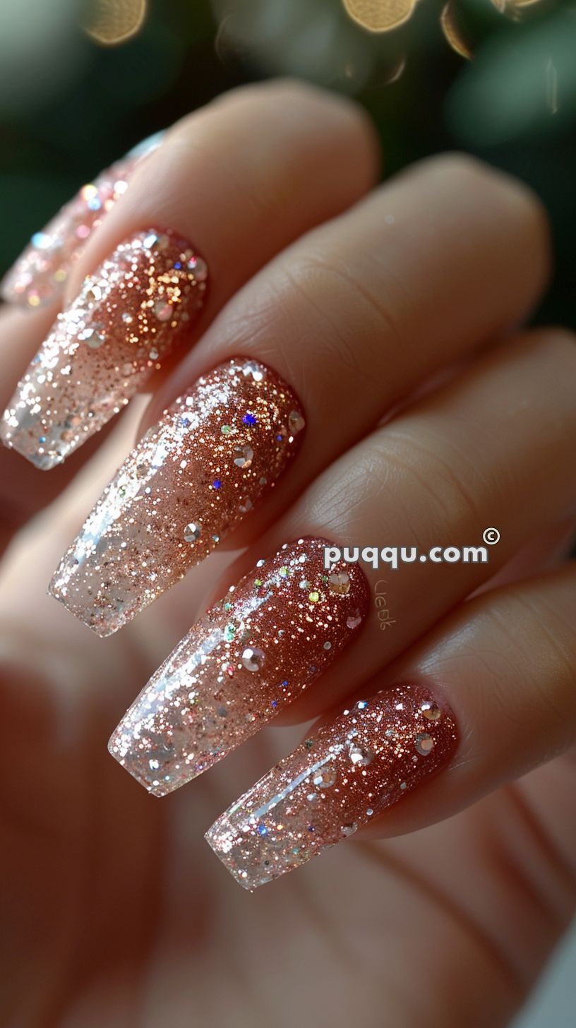 Close-up of nails with long, glittery, rose gold ombre manicure, featuring holographic sparkles.