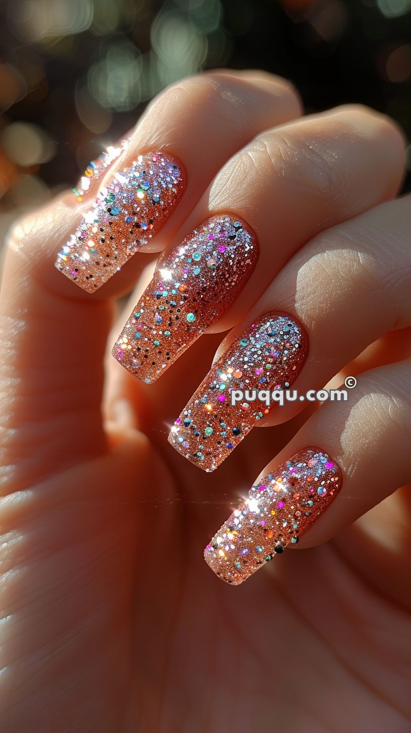 Close-up of a hand with long nails painted in glittery rose-gold.