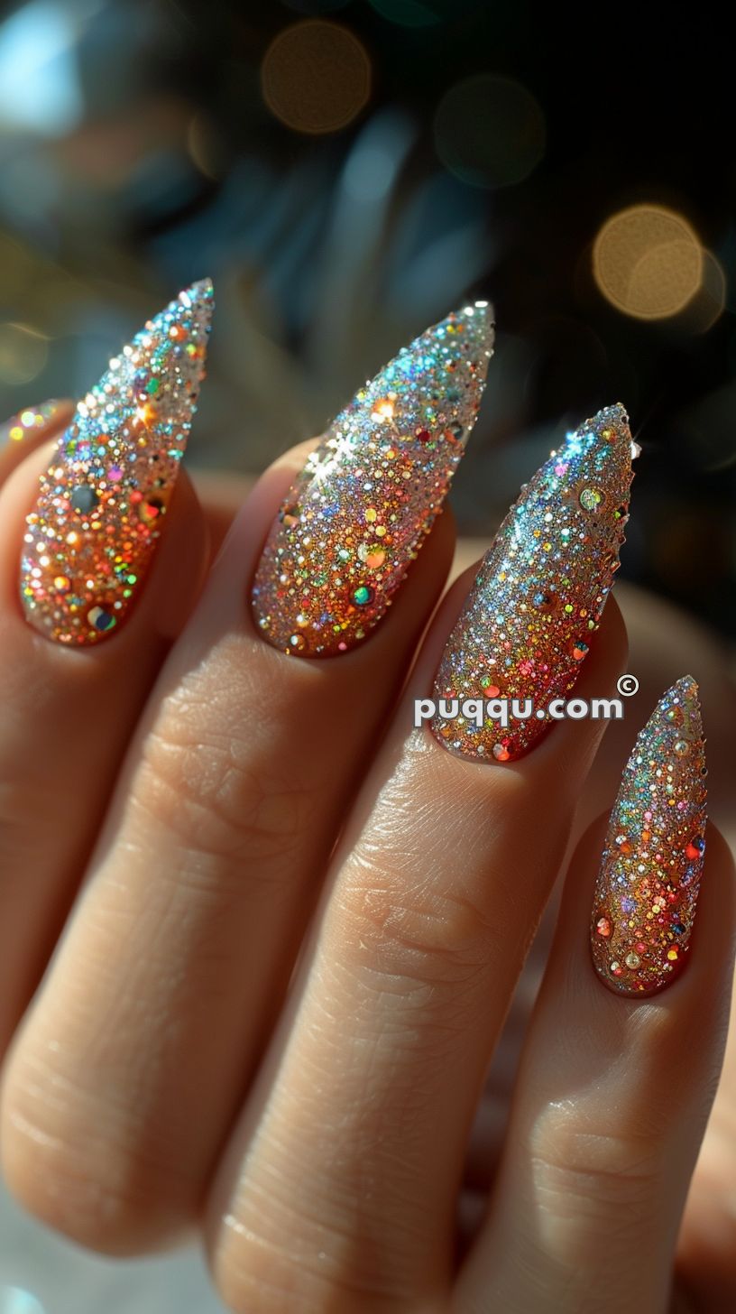 Close-up of hand with long, pointed nails adorned with holographic glitter.