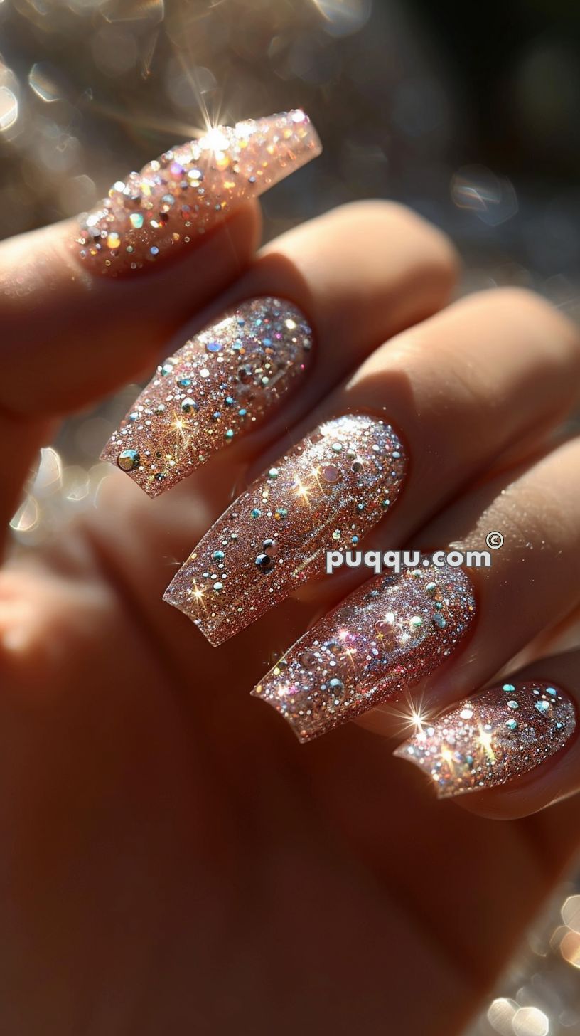 Close-up of a hand with long, glittery, and sparkly pink acrylic nails.