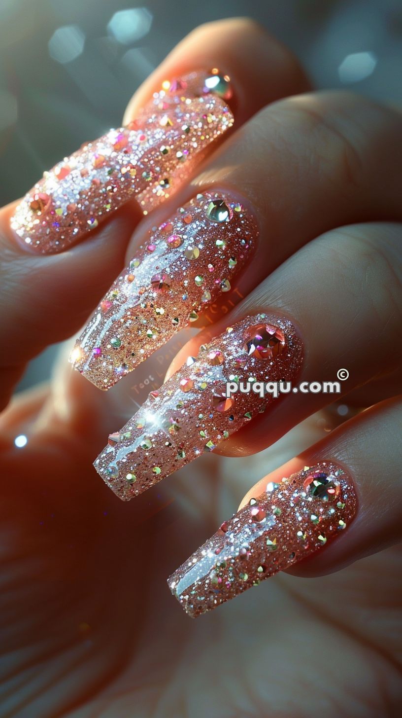 Close-up of a hand showcasing glittery, long acrylic nails adorned with multi-colored rhinestones.
