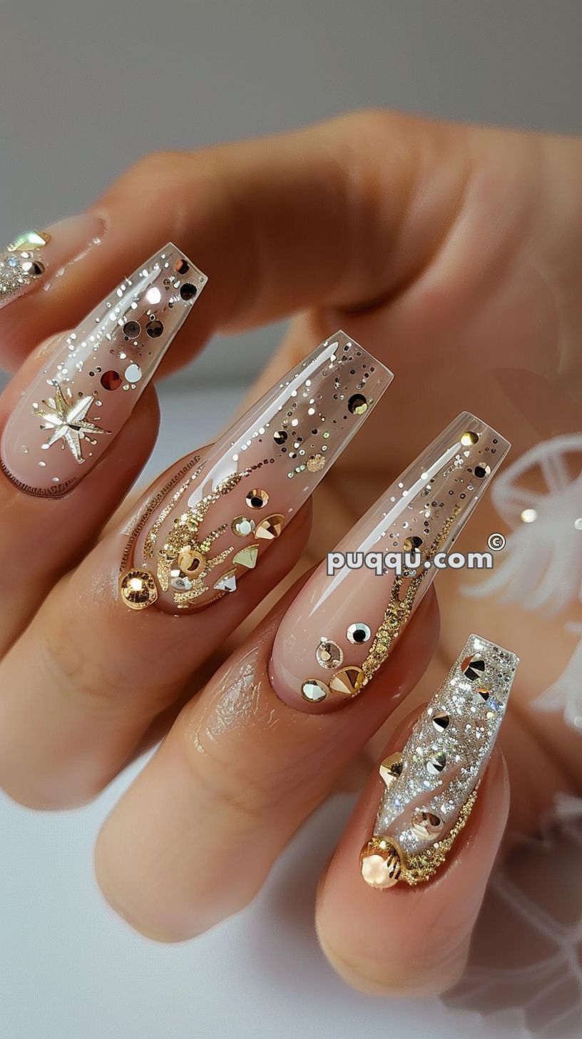Close-up of four long fingernails with intricate nail art featuring gold and silver glitter, sequins, small studs, and star-shaped decorations.