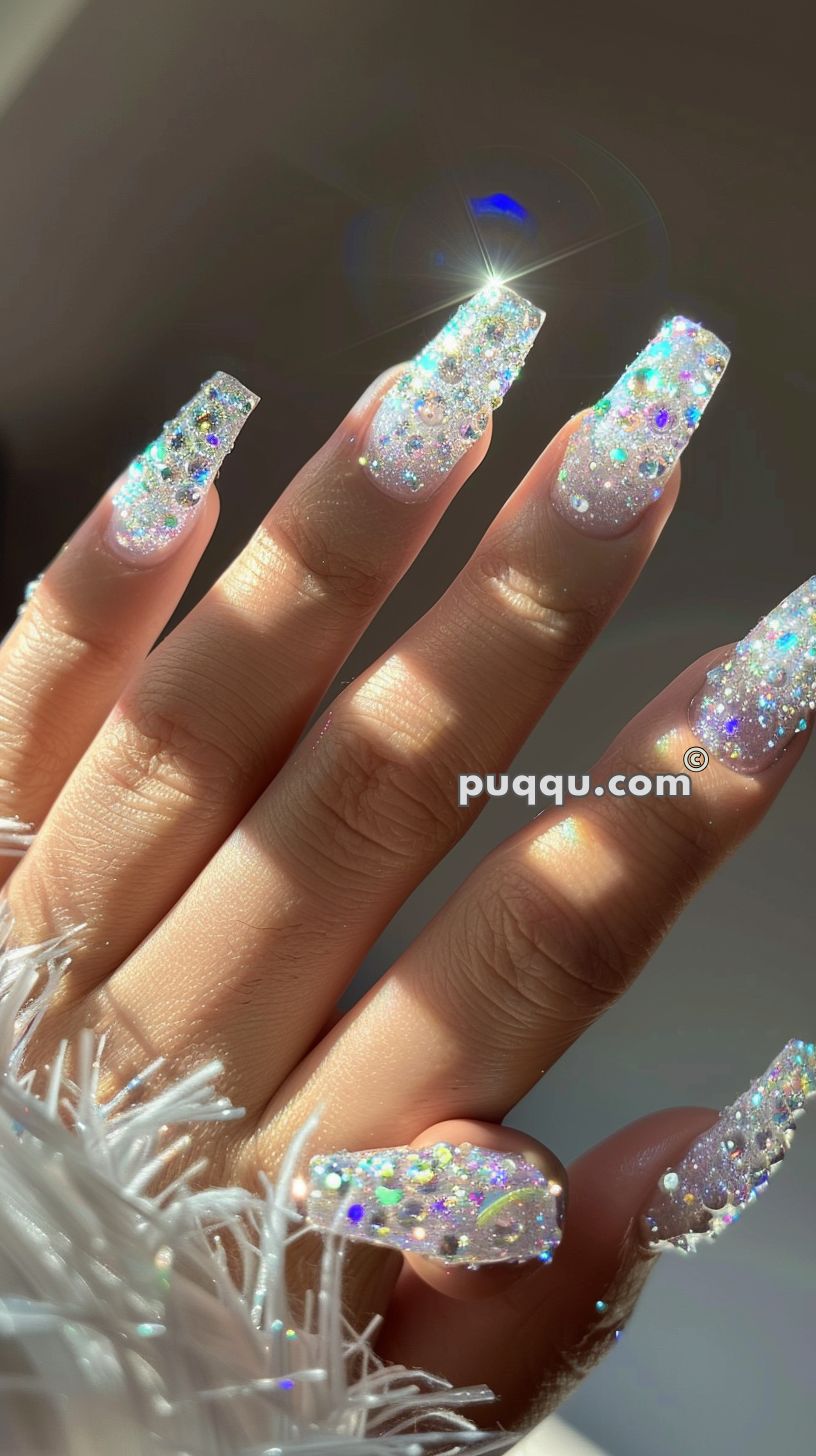Hand with long, square-shaped acrylic nails covered in white glitter and iridescent rhinestones.