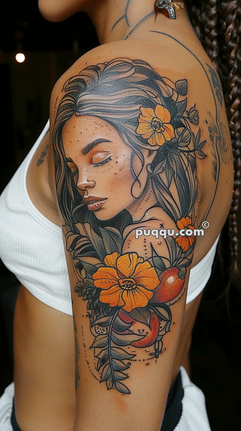 Tattoo on a person's upper arm depicting a woman's serene face surrounded by flowers and leaves, with bright orange blossoms.