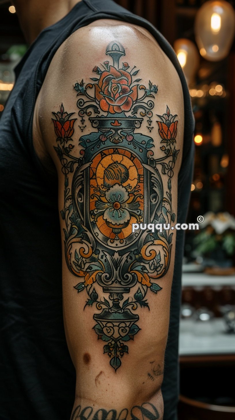 Colorful, ornate tattoo on an upper arm featuring floral designs and intricate patterns.