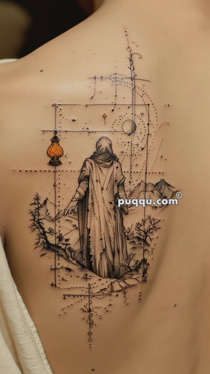 Tattoo of a hooded figure standing in a landscape with mountains and trees, featuring geometric lines and dots, a hanging lantern, and celestial elements.