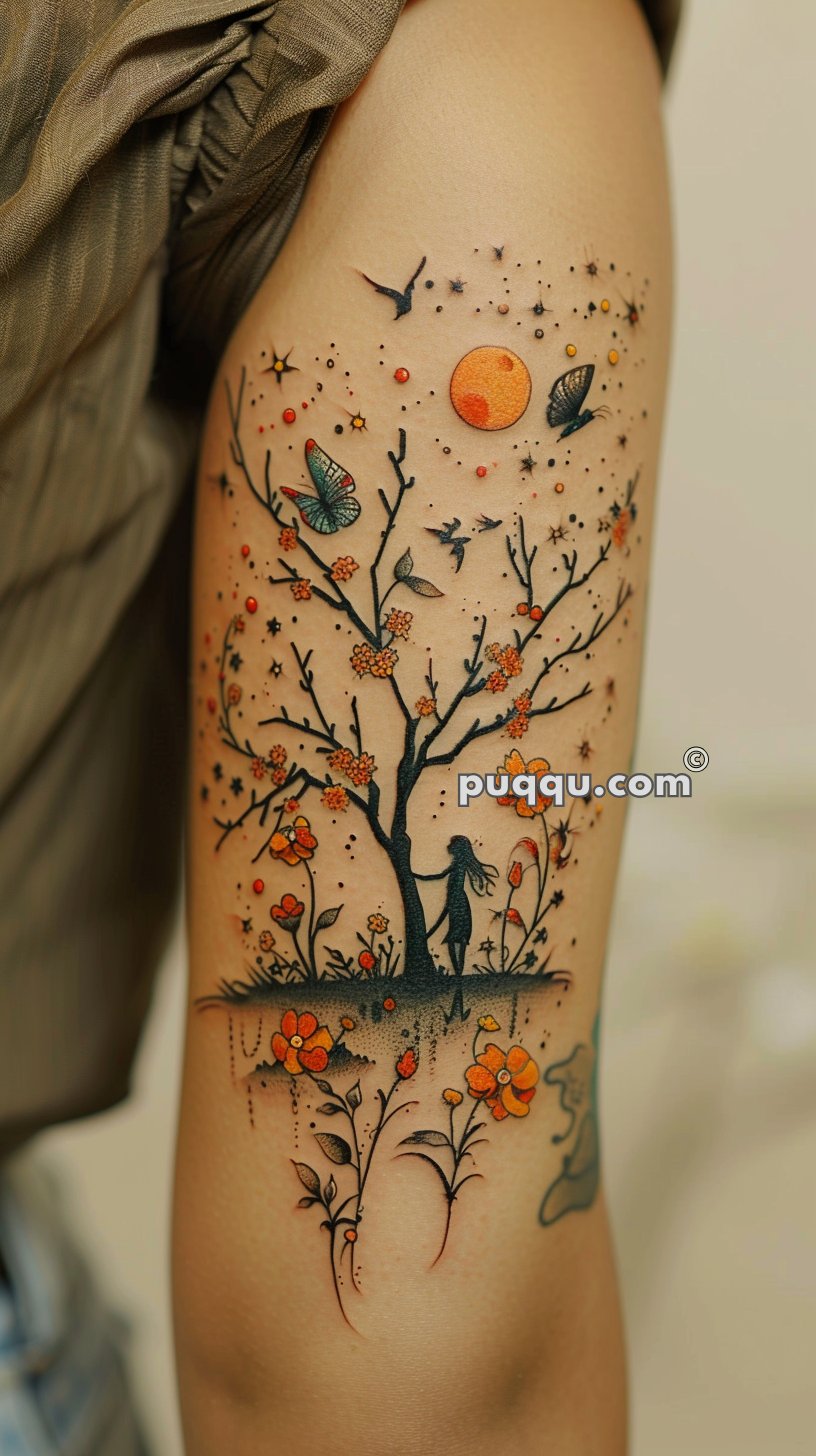 Tattoo of a silhouetted girl standing by a flowering tree with orange flowers and butterflies, surrounded by birds and an orange sun, with the word "tan-lobster-970566.hostingersite.com" on the image.