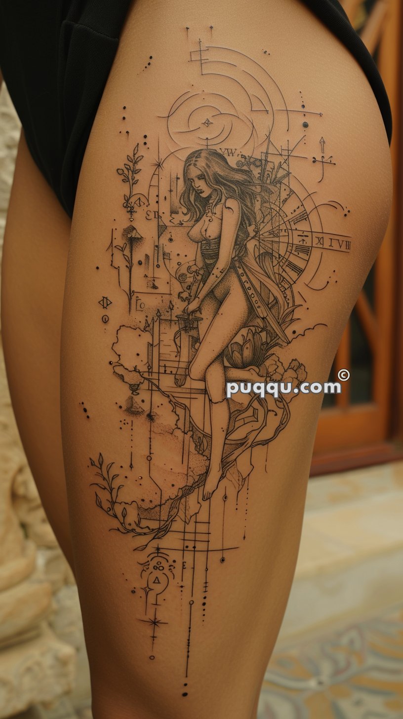 Detailed linework tattoo of a female figure surrounded by geometric patterns and floral elements, located on the upper thigh.