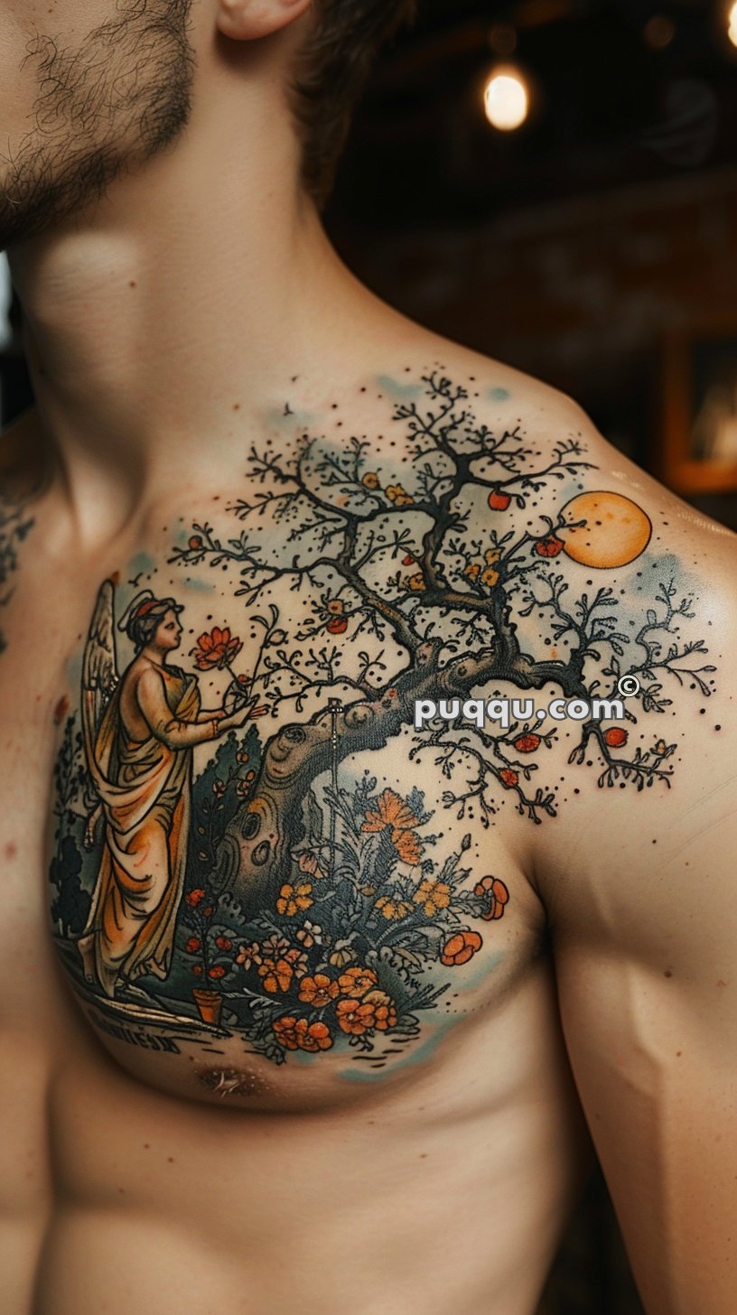 Chest tattoo of an angel with a flower, standing by a detailed tree with blossoms and an orange sun in the background.