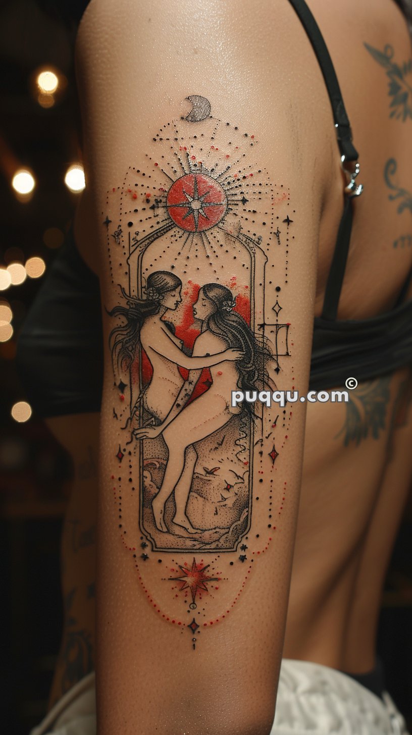 Detailed tattoo on an upper arm depicting two intertwined women, surrounded by celestial and geometric elements with red accents and a crescent moon at the top.