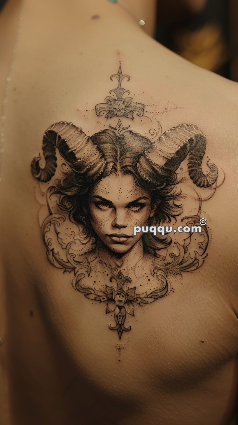 Tattoo of a woman's face with ram horns and intricate designs on a person's back.