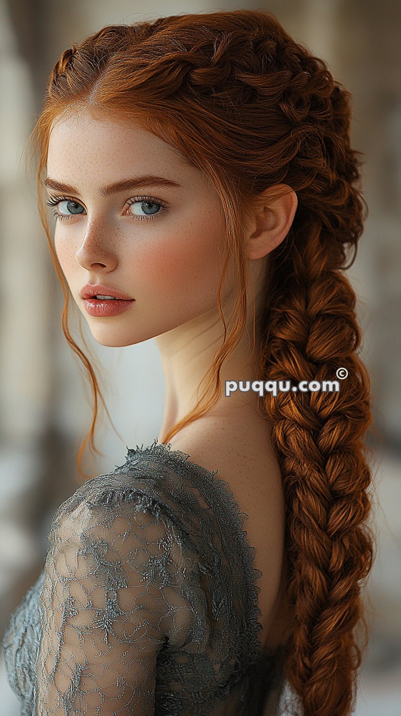 Woman with red hair styled in a long, intricate braid, wearing a lace, grayish-blue dress.