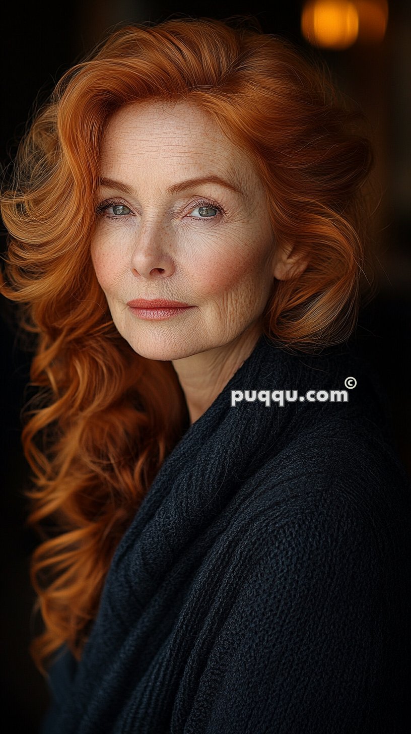 An older woman with long, wavy red hair and blue eyes, wearing a dark blue sweater, gazes directly at the camera with a serene expression.