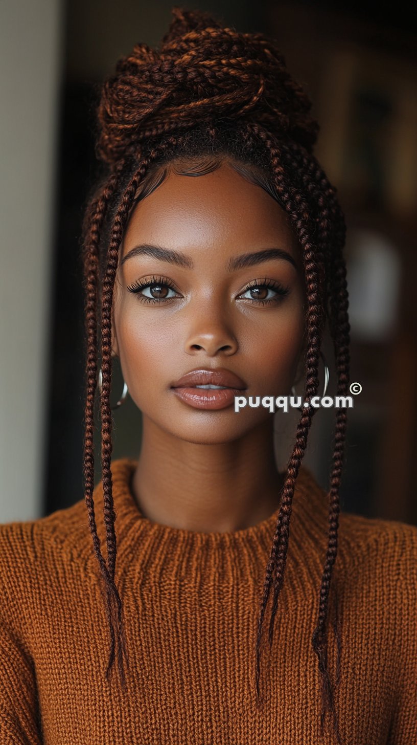 A young woman with braided hair styled in a high bun and wearing a brown knitted sweater.