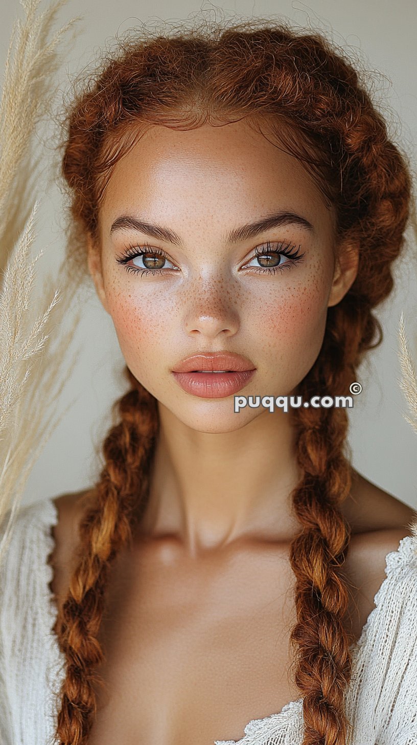 Young woman with light brown hair in two braids, light freckles, and light brown eyes, wearing a white top. The image has a watermark that reads "tan-lobster-970566.hostingersite.com".