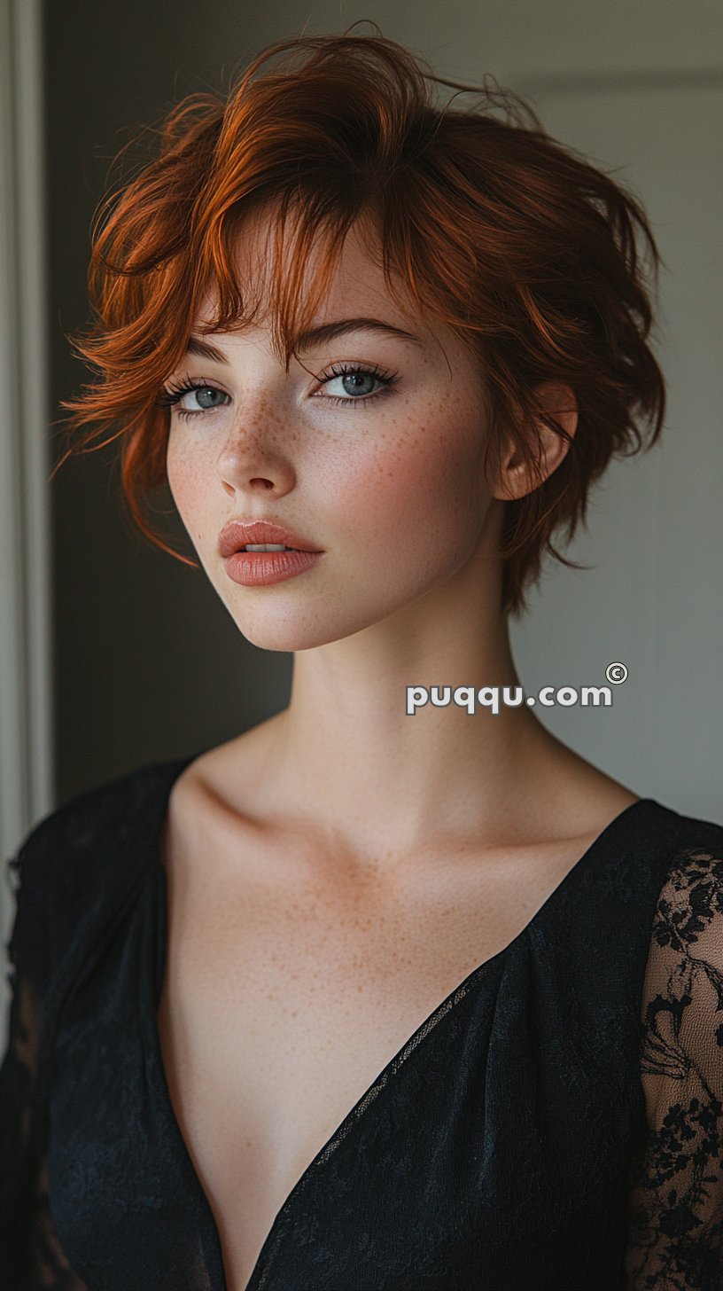 A person with short red hair and freckles, wearing a black lace top, looking directly at the camera.