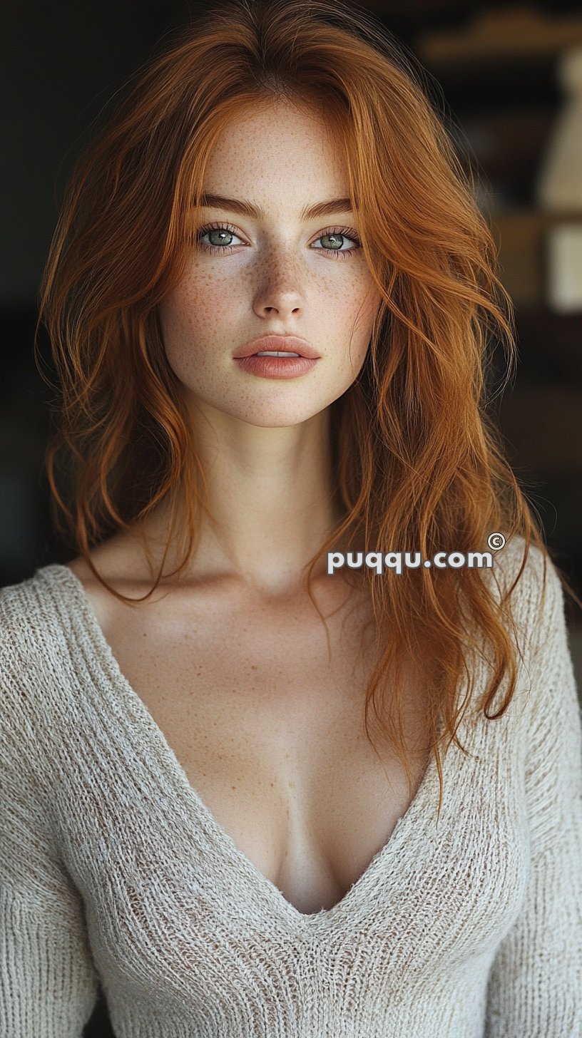 Young woman with red hair and freckles wearing a low-cut, textured sweater, looking directly at the camera.