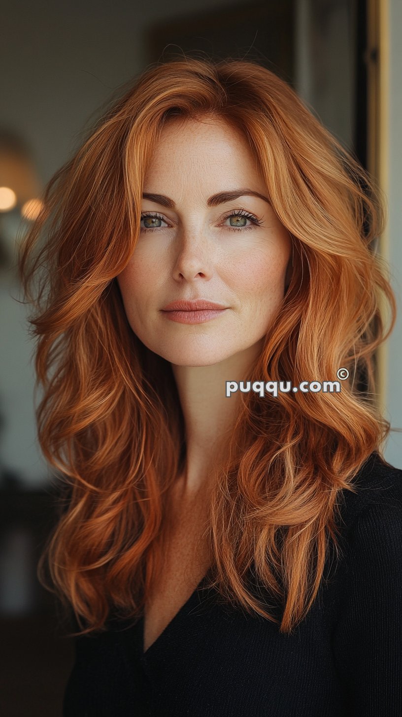 A woman with wavy red hair and green eyes, wearing a black top, looks directly at the camera.