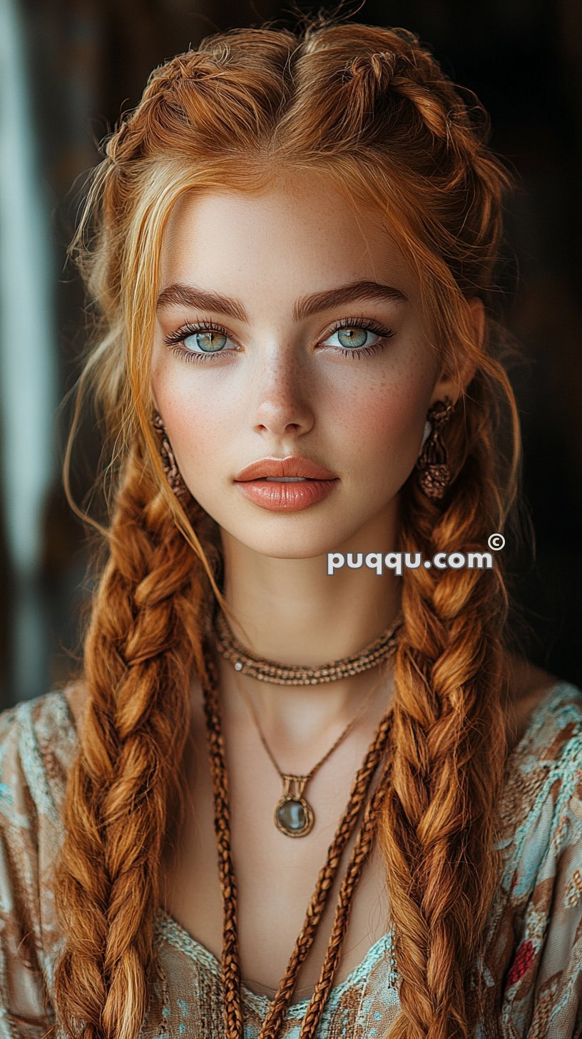 Young woman with long braided red hair, wearing a patterned top and layered necklaces, with an intense gaze and soft makeup.