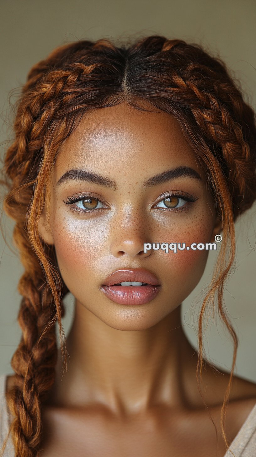 Woman with long braided hair and freckles looking directly at the camera.