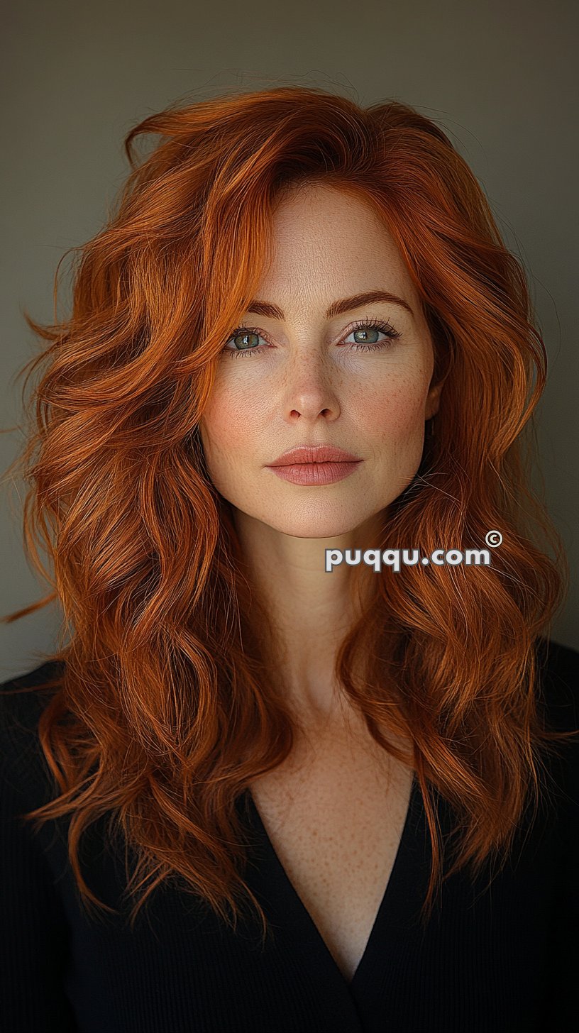 Woman with wavy red hair, light freckles, and wearing a black top, looking directly at the camera.