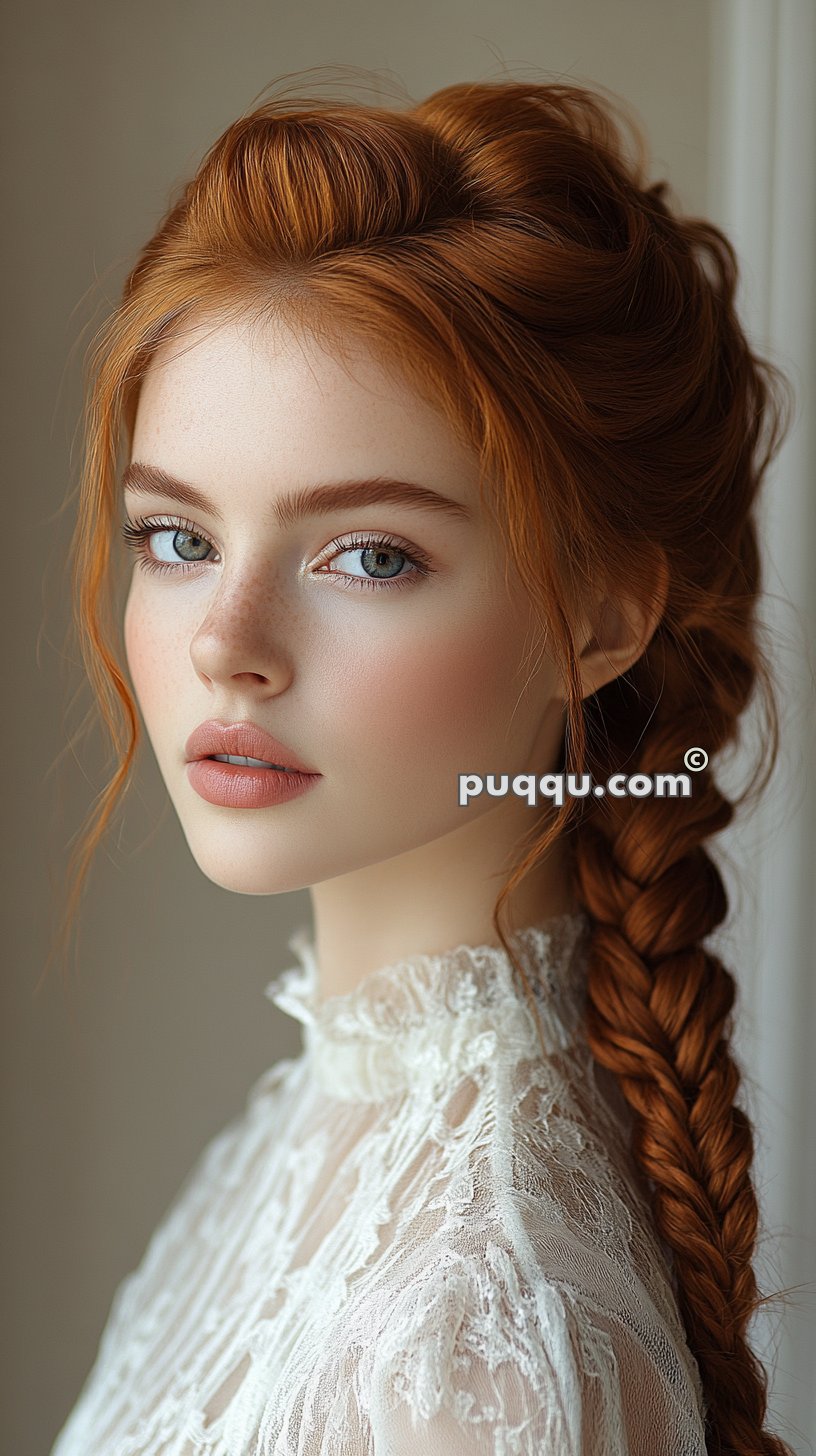 Young woman with long red hair in a braid, wearing a lace top, looking directly ahead with a neutral expression.
