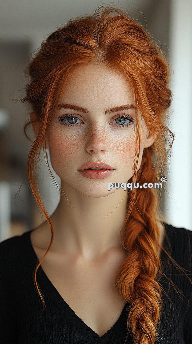 Portrait of a woman with long red hair styled in a braid, wearing a black top, and looking directly at the camera.