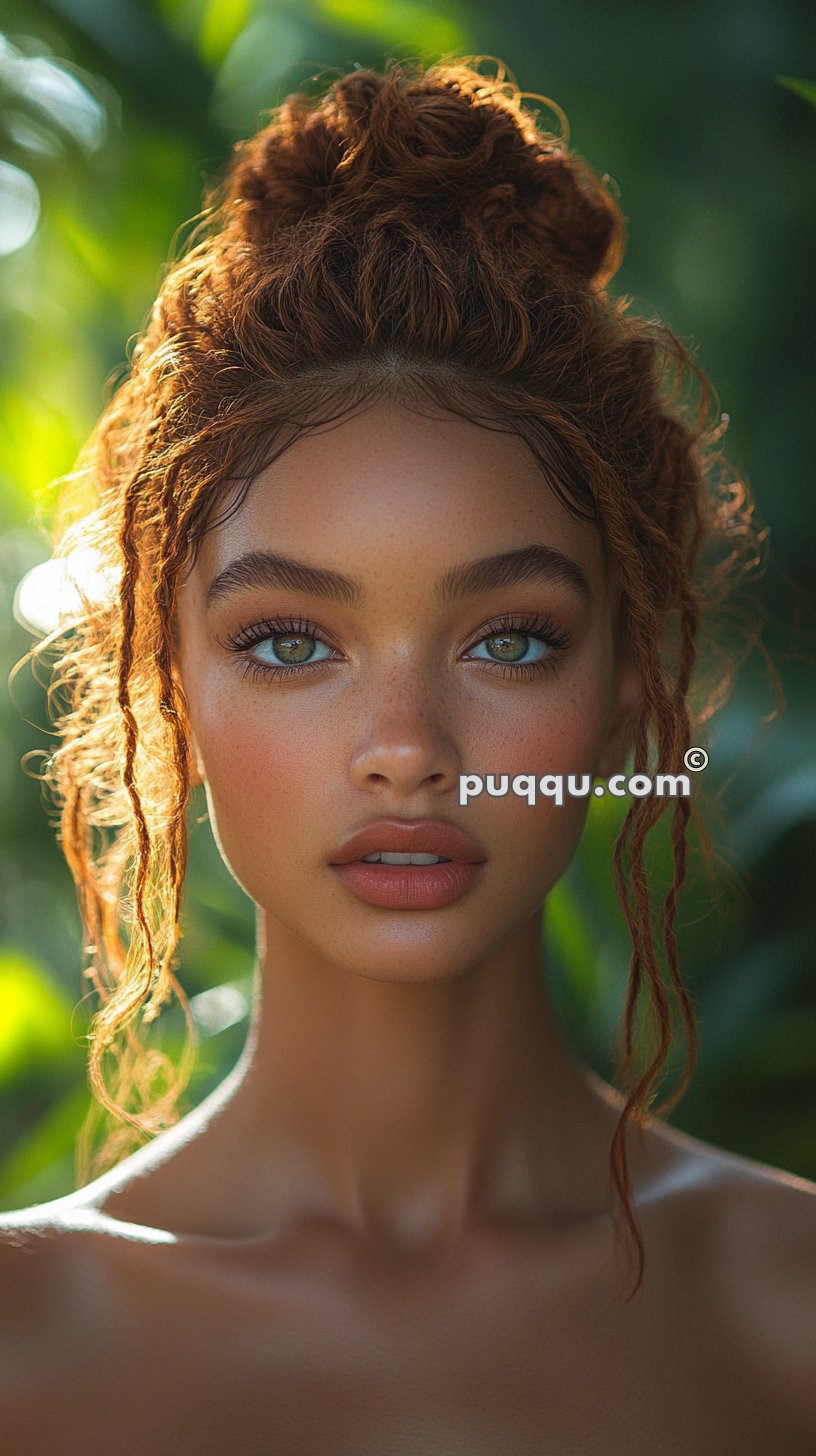 Portrait of a woman with curly hair in a bun, staring directly at the camera with green eyes, freckles, and neutral makeup, against a blurred green background.