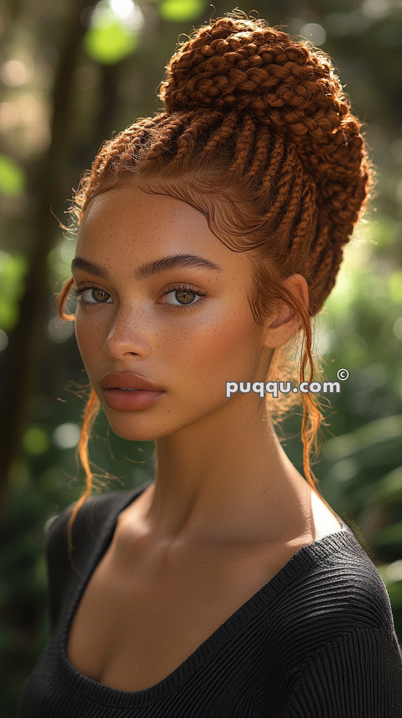 A young woman with braided hair in a bun, wearing a black ribbed top, standing outdoors with blurred greenery in the background.