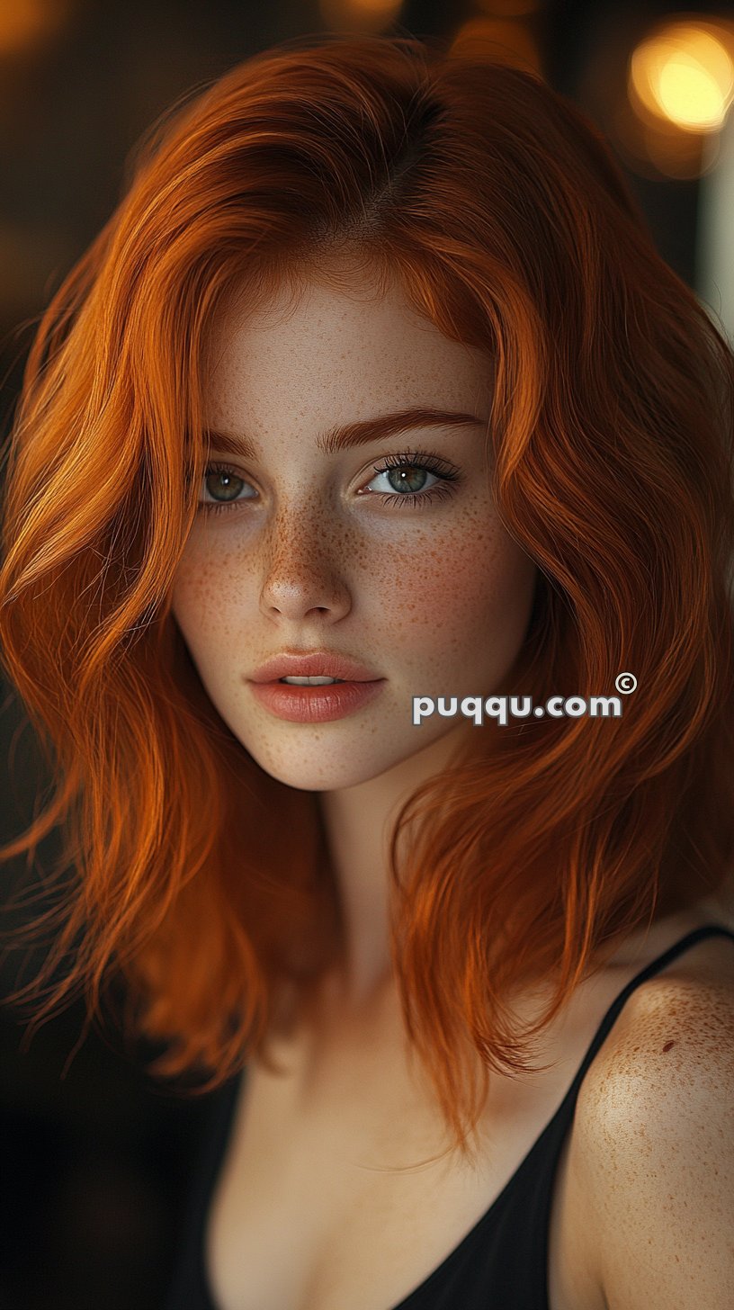 Portrait of a woman with long red hair, green eyes, and freckles, wearing a black top.