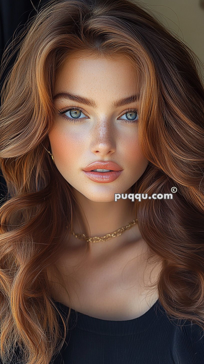 A close-up of a woman with long, wavy auburn hair, clear blue eyes, and light makeup, wearing a delicate gold necklace and a black top.