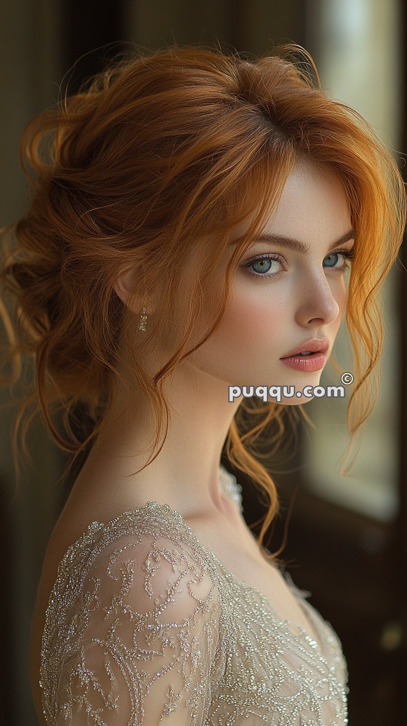 Woman with red hair wearing an intricate, beaded lace dress, looking to the side.