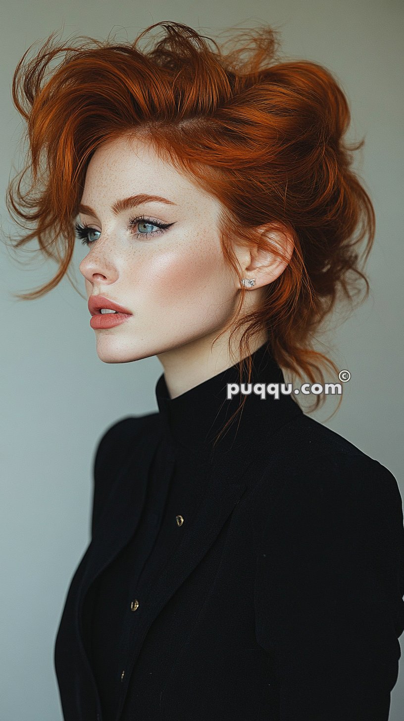 Profile of a person with wavy red hair, wearing a black outfit and stud earrings.