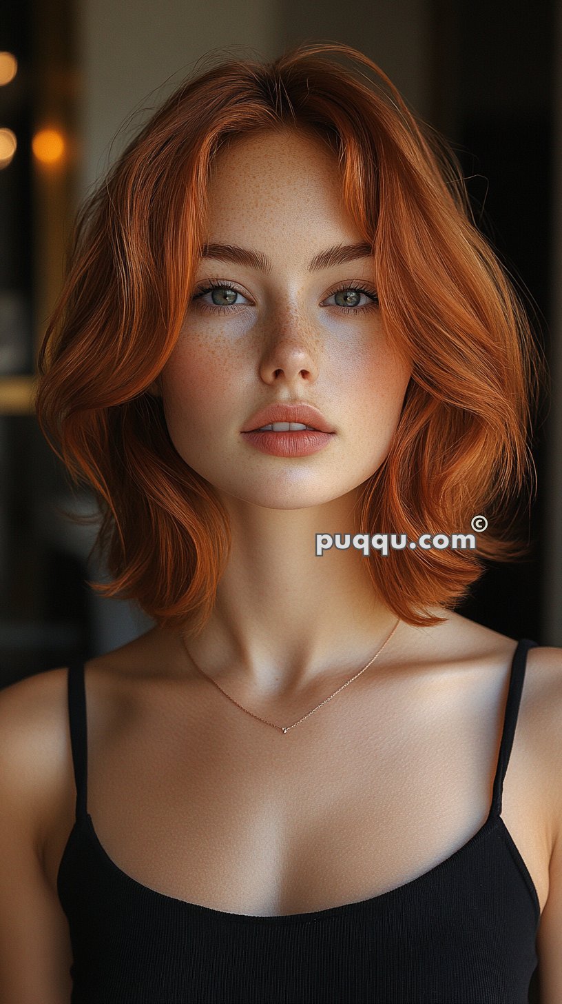 A woman with short red hair, wearing a black tank top and a delicate necklace, looking directly at the camera.