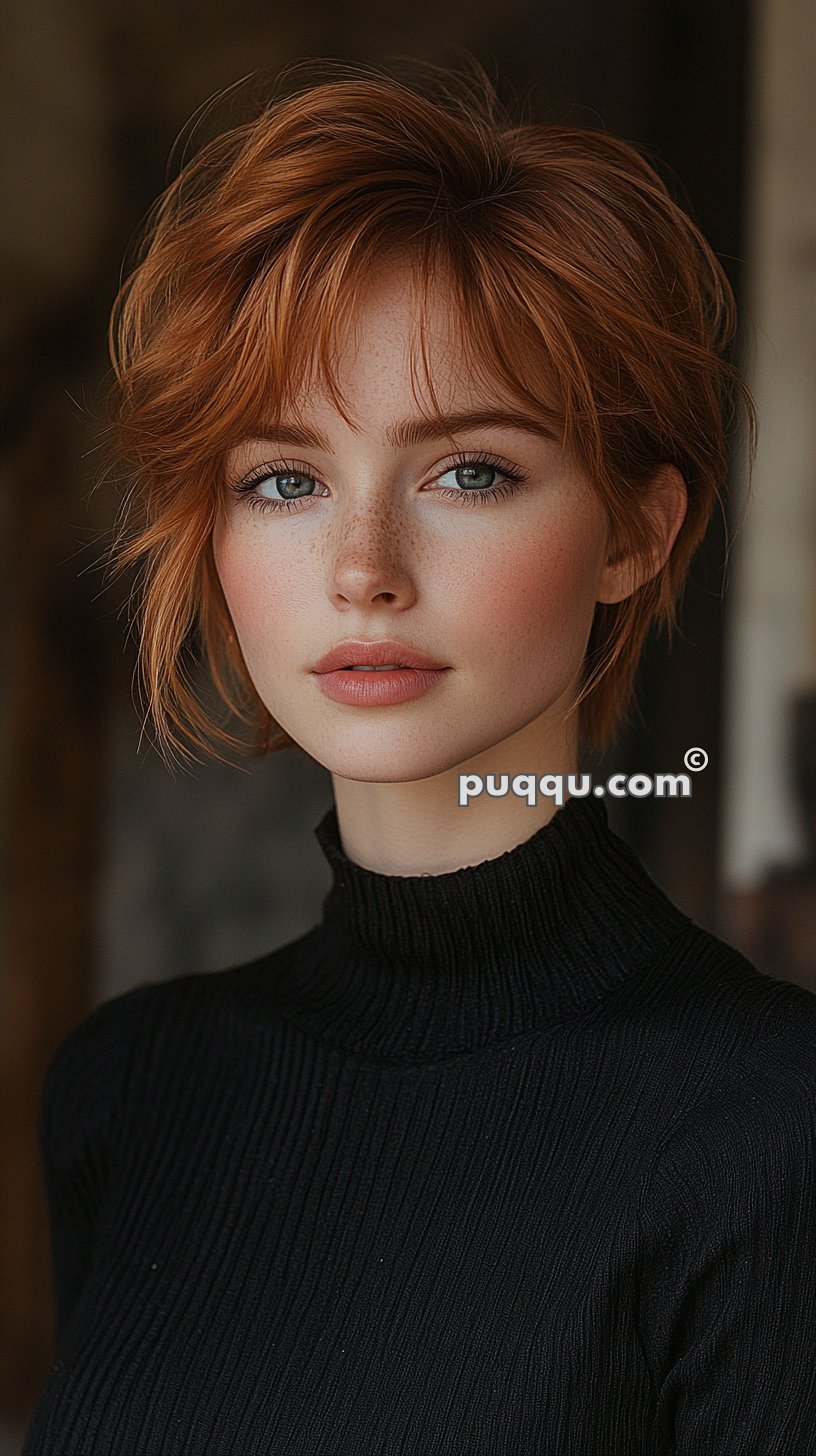 Young woman with short reddish hair, freckles, and blue eyes wearing a black turtleneck.