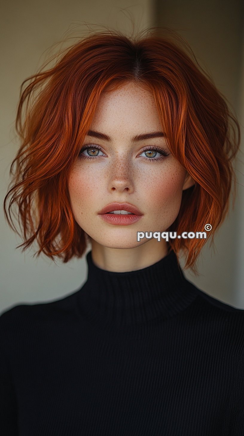 Woman with short red hair, wearing a black turtleneck, looking directly at the camera.