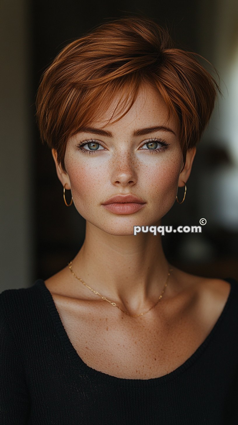 Woman with short red hair, light freckles, and green eyes, wearing gold hoop earrings and a subtle gold necklace, against a blurred dark background.