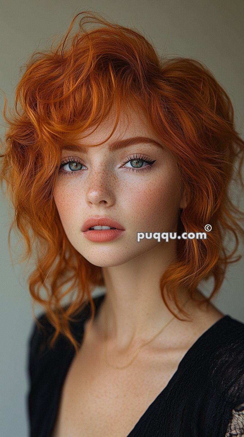 Woman with curly red hair and freckles looking at the camera, wearing eyeliner and a black top.