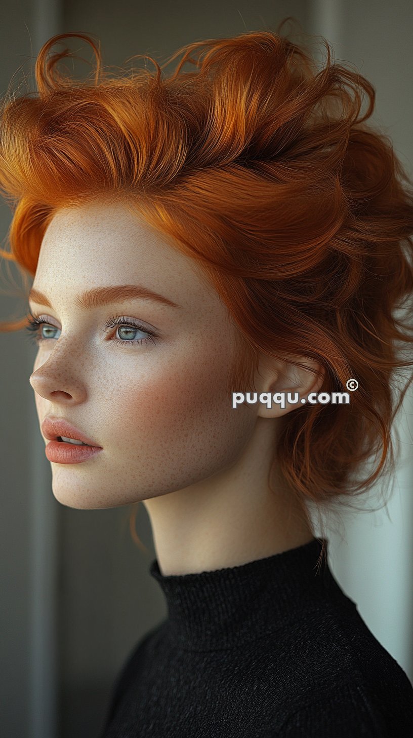 Profile of a woman with red hair, freckles, and light eyes wearing a black turtleneck.