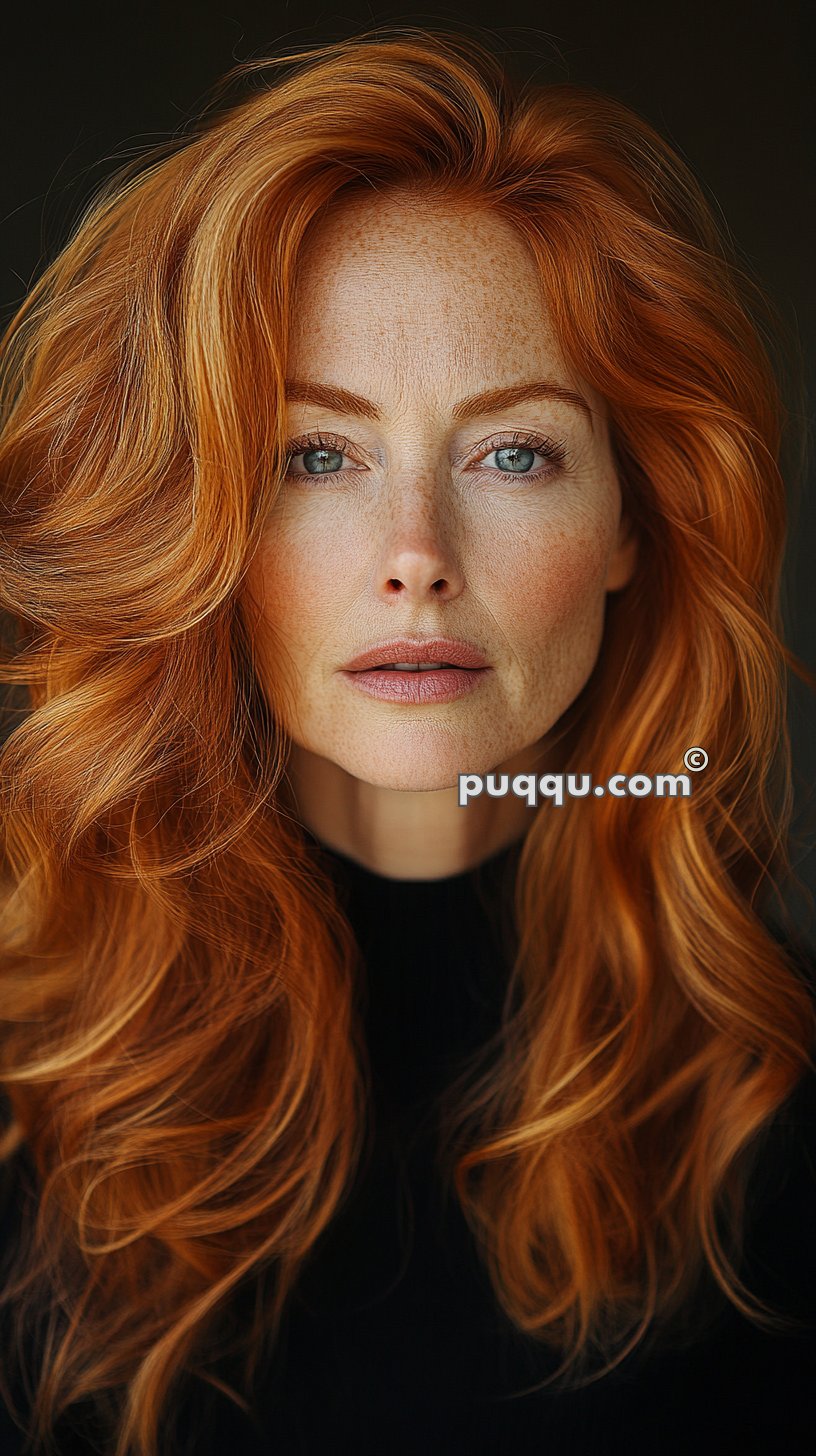 Woman with long, wavy red hair, wearing a black top, looking directly at the camera with a serious expression.