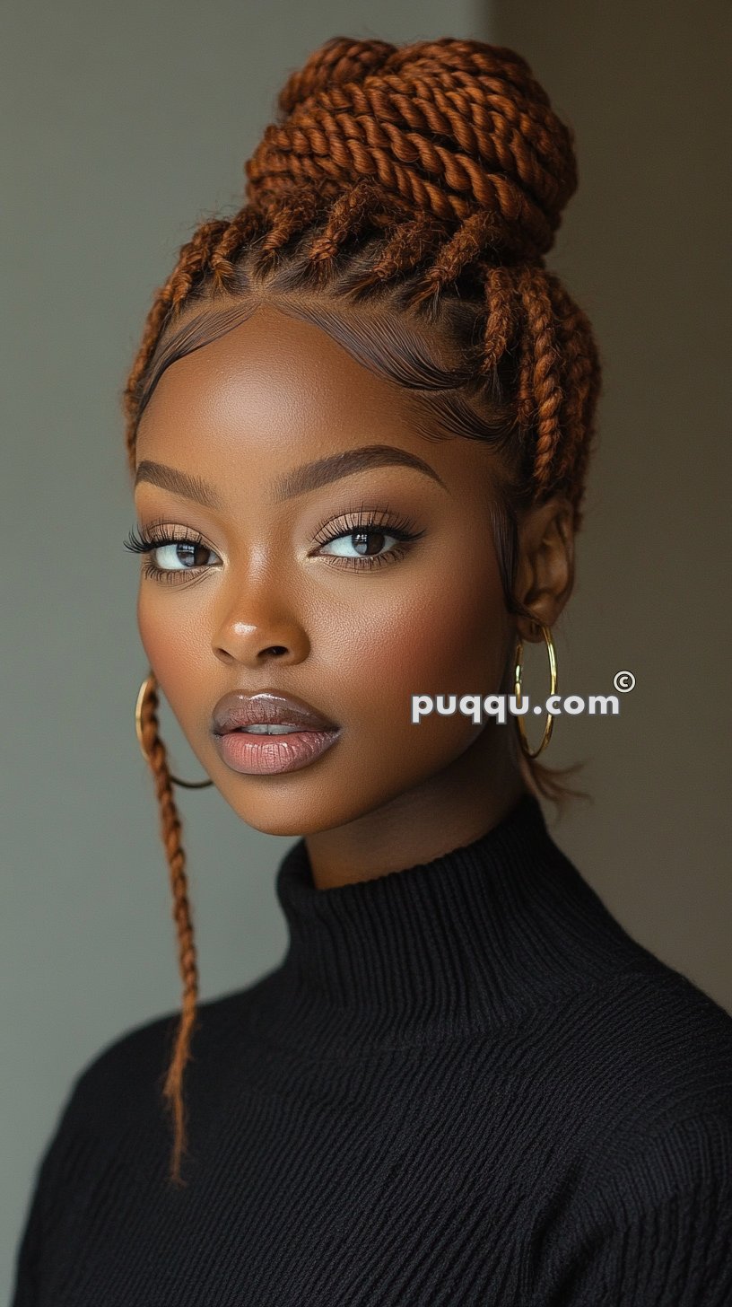 A woman with intricately braided hair styled in a high bun, wearing gold hoop earrings and a black turtleneck sweater, with "tan-lobster-970566.hostingersite.com©" watermark.