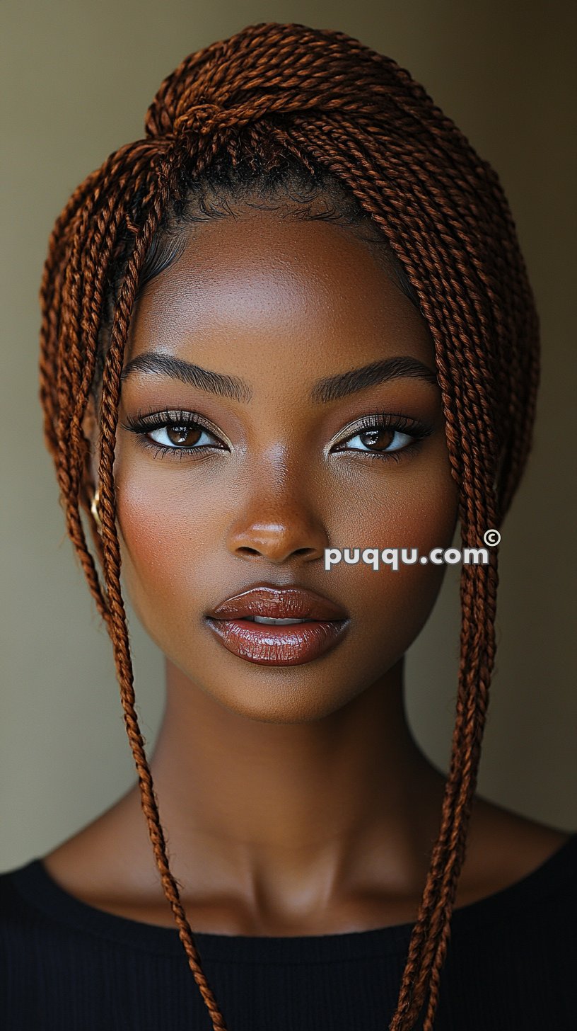 A woman with intricately braided brown hair, smooth skin, and a serious expression.