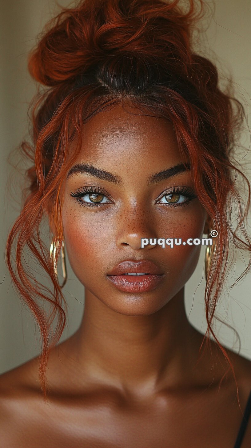 Woman with curly, reddish hair styled in a messy bun, wearing hoop earrings, and a serious expression.